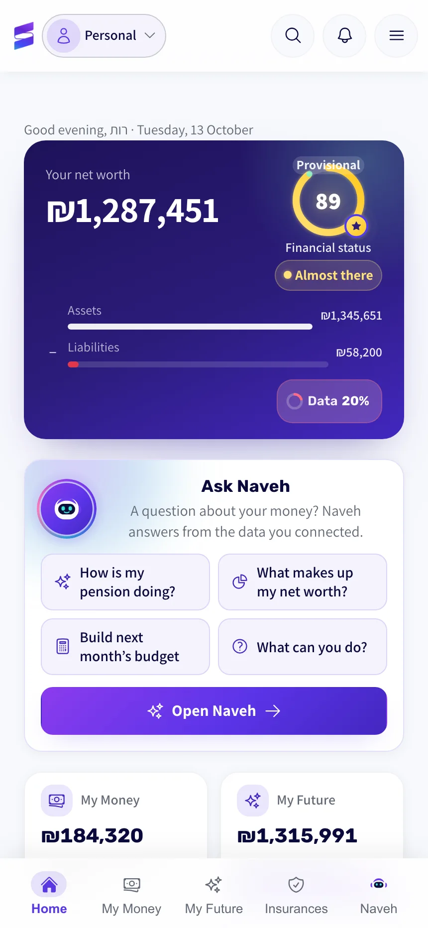 The Shavve app home screen with sample data